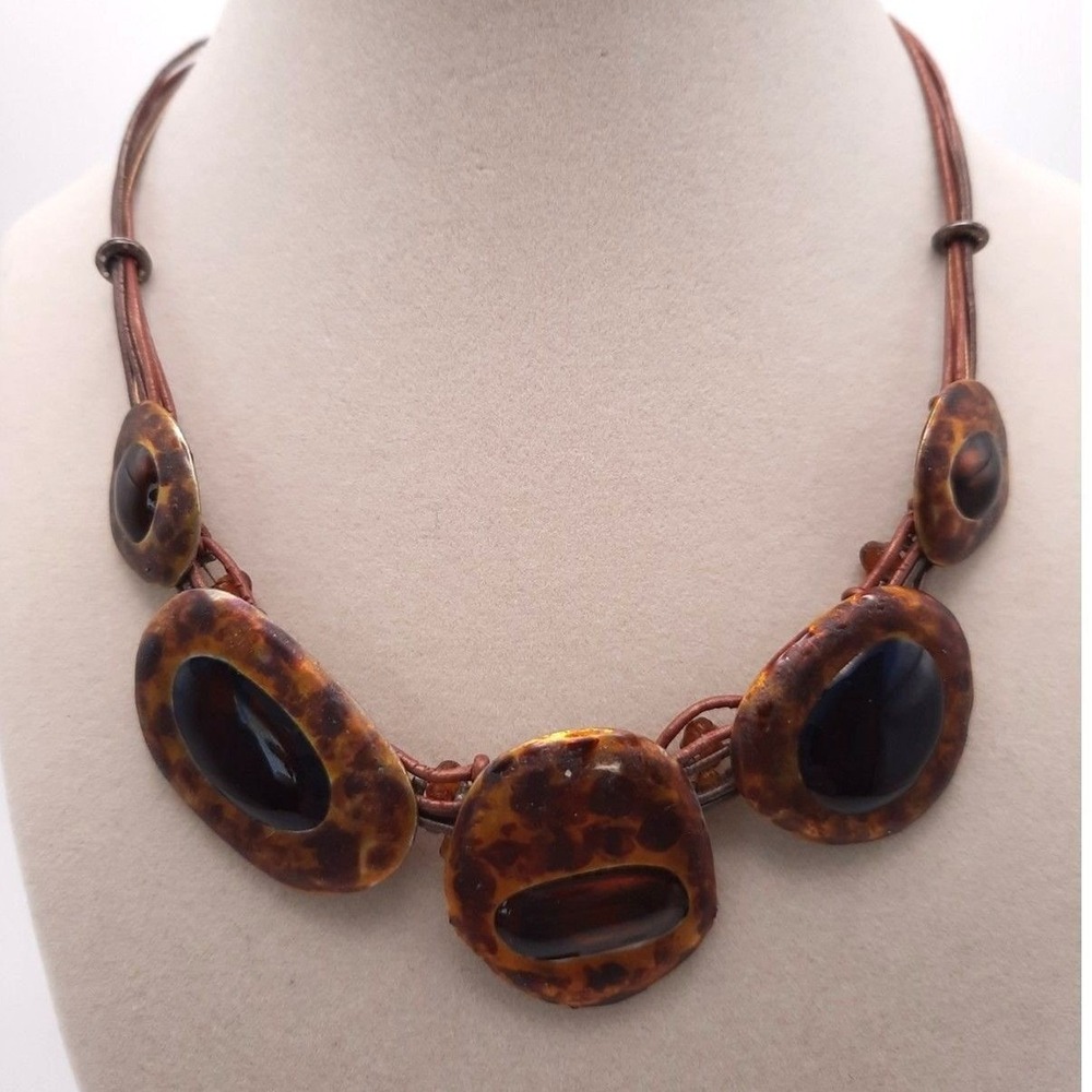 Vintage Chicos necklace leopard print statement three chords silver tone